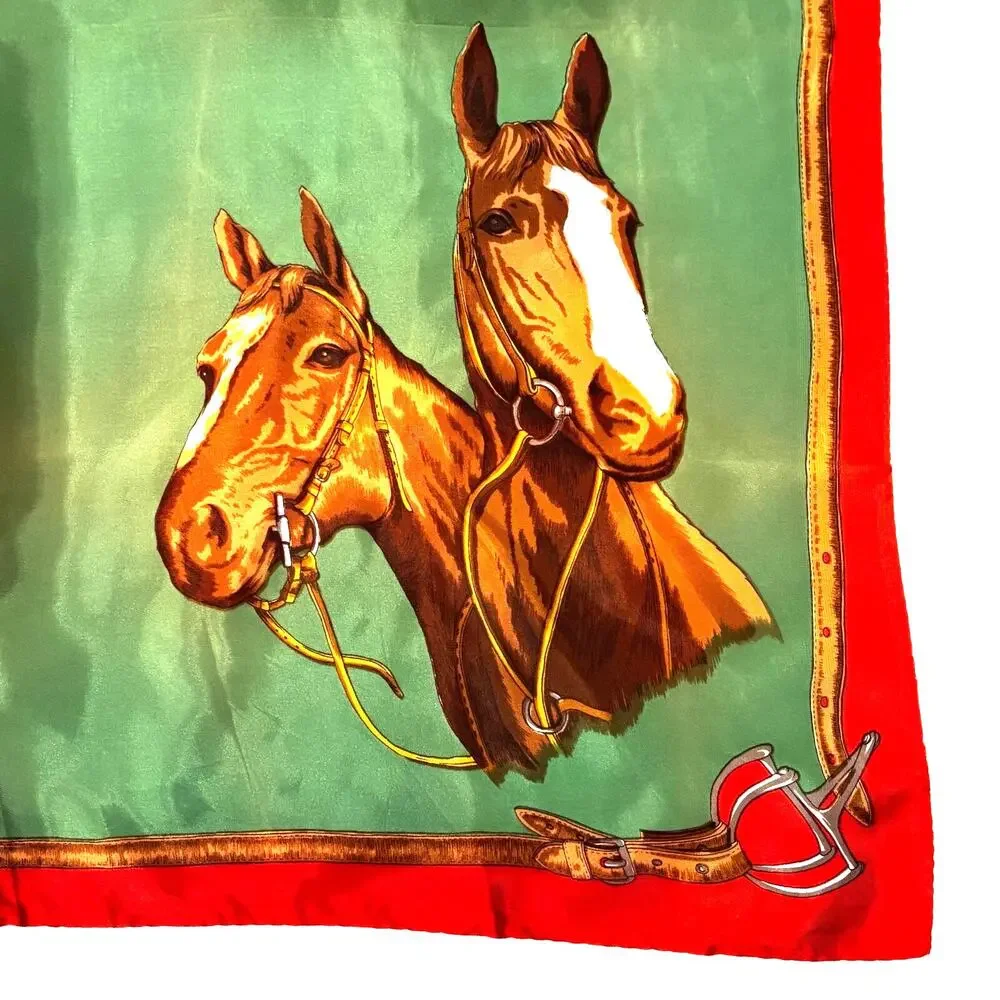 Vintage silky acetate scarf horses equestrian large square faded red green brown
